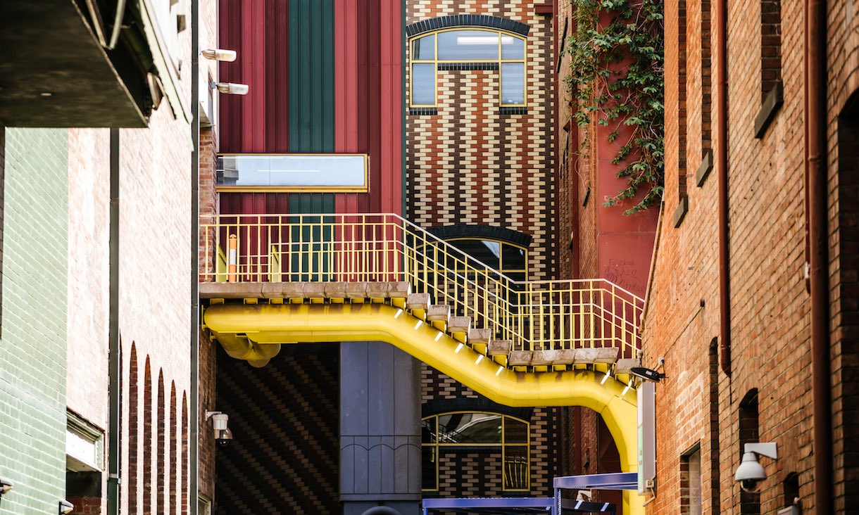 Stairs joining two buildings at the City Campus.