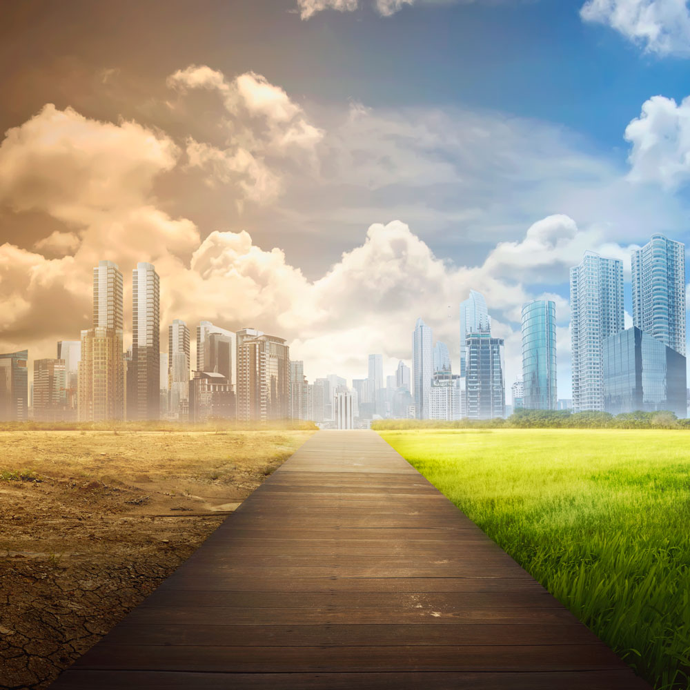 A colourful city landscape with a road leading to it